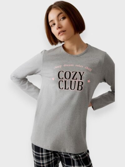Alternative view of Πυζάμα Βαμβακερή Μινέρβα  Γκρι μελανζέ/Καρό